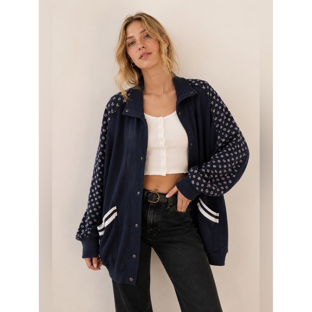 We The Free People  Heritage Track Navy Floral Oversized Snap Front Jacket Small